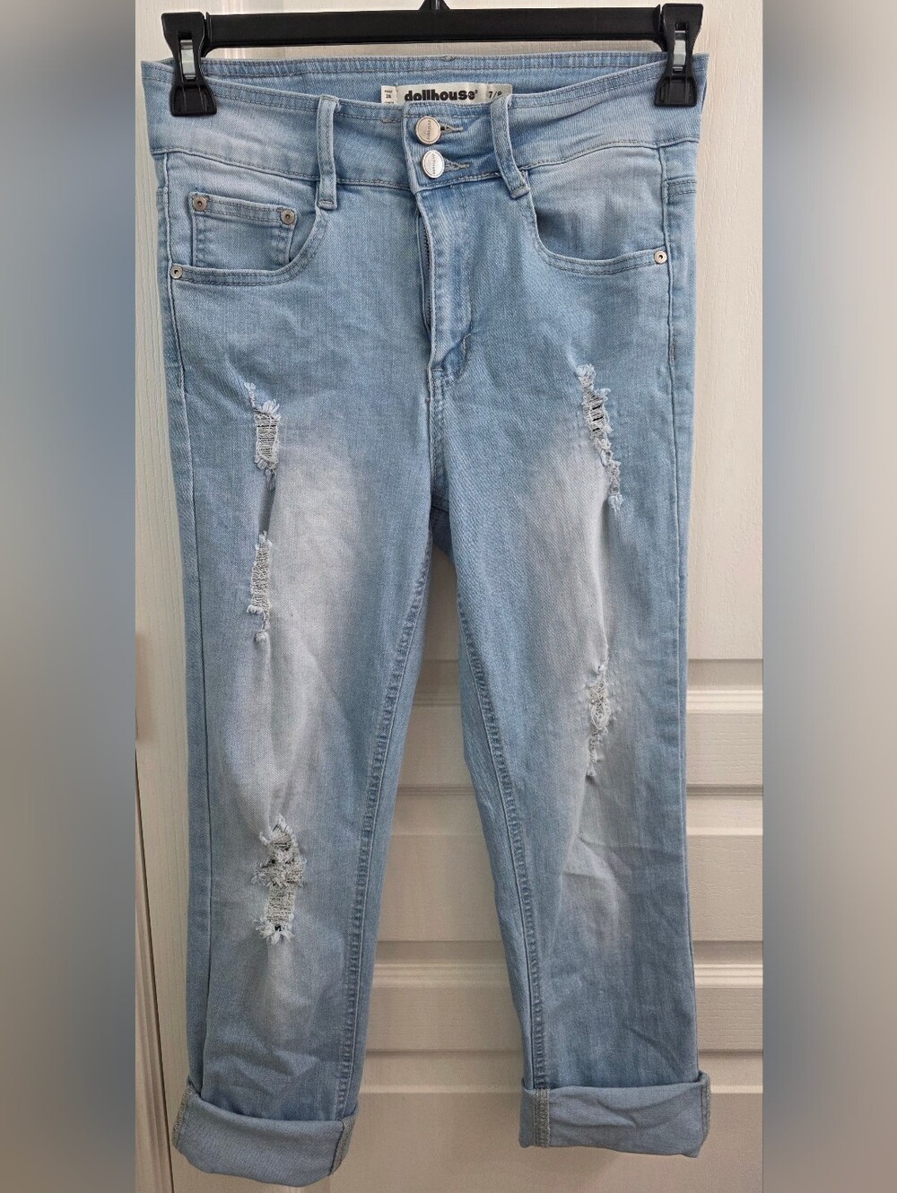 Dollhouse Light Blue Distressed Skinny Jeans with Rolled Hems